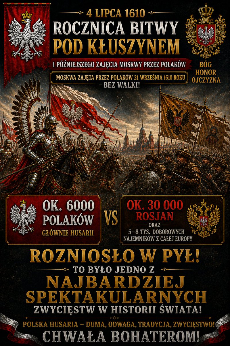 KenobiObi75356's tweet photo. Rocznica jest jutro, ale wypadałoby już dziś zalać cały internet, żeby jutro do wszystkich dotarła ta informacja. To niebywałe, że może 1% Polaków wie o tych faktach, a to było jedno z najbardziej spektakularnych zwycięstw w historii świata. Dla przykładu pod Grunwaldem Polacy wygrali, ale mieli przewagę liczebną – 32 tys. do 27 tys. Pod Kłuszynem ok. 6 tys. Polaków rozniosło w pył prawie 40 tys. wojsk rosyjskich! Potem, jako jedyni w historii, zajęliśmy Moskwę, która była stolicą wielkiej Rosji. 29 października 1611 roku nastąpił hołd ruski. Zdetronizowany car Rosji, Wasyl IV Szujski, oraz jego bracia, Dymitr i Iwan, ukorzyli się przed królem Zygmuntem III Wazą na Zamku Królewskim w Warszawie. Po nas Moskwa była zajęta tylko przez Napoleona, ale wtedy nie była już stolicą Rosji – był nią Petersburg. Data wypędzenia Polaków z Moskwy, 7 listopada 1612 r., to największe święto narodowe w Rosji. Dlatego trzeba tym zalać internet! Rolki, relacje, posty na wszystkich social mediach! Edukujmy Polaków!

Kochani @kultura_gov_pl @MartaCienkowska @donaldtusk @sikorskiradek @pawelkowalpl @adamSzlapka, warto byłoby zainwestować w film o 1610 r., tak jak Rosjanie nakręcili film o wypędzeniu Polaków z Moskwy "1612". Ciekawostka: z Michałem Żebrowskim w roli głównej!

RT+❤️