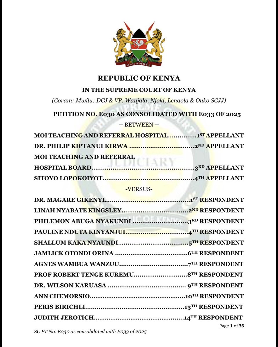 OduorACaroline's tweet photo. The Supreme Court has redrawn the jurisdictional map on challenges to public appointments.

For years, courts asked one question: Was there an employer–employee relationship?

In Moi Teaching & Referral Hospital v Dr. Magare Gikenyi & 76 Others, the Supreme Court says that was the wrong test.

The real inquiry is who is suing and in what capacity?

• A job applicant challenging recruitment, shortlisting or selection belongs in the ELRC.
• A citizen challenging the constitutionality or legality of a public appointment, acting under Articles 3 and 22 of the Constitution, belongs in the High Court.

Jurisdiction now turns on the nature of the dispute and the claimant's capacity, not merely the existence of an employment relationship.