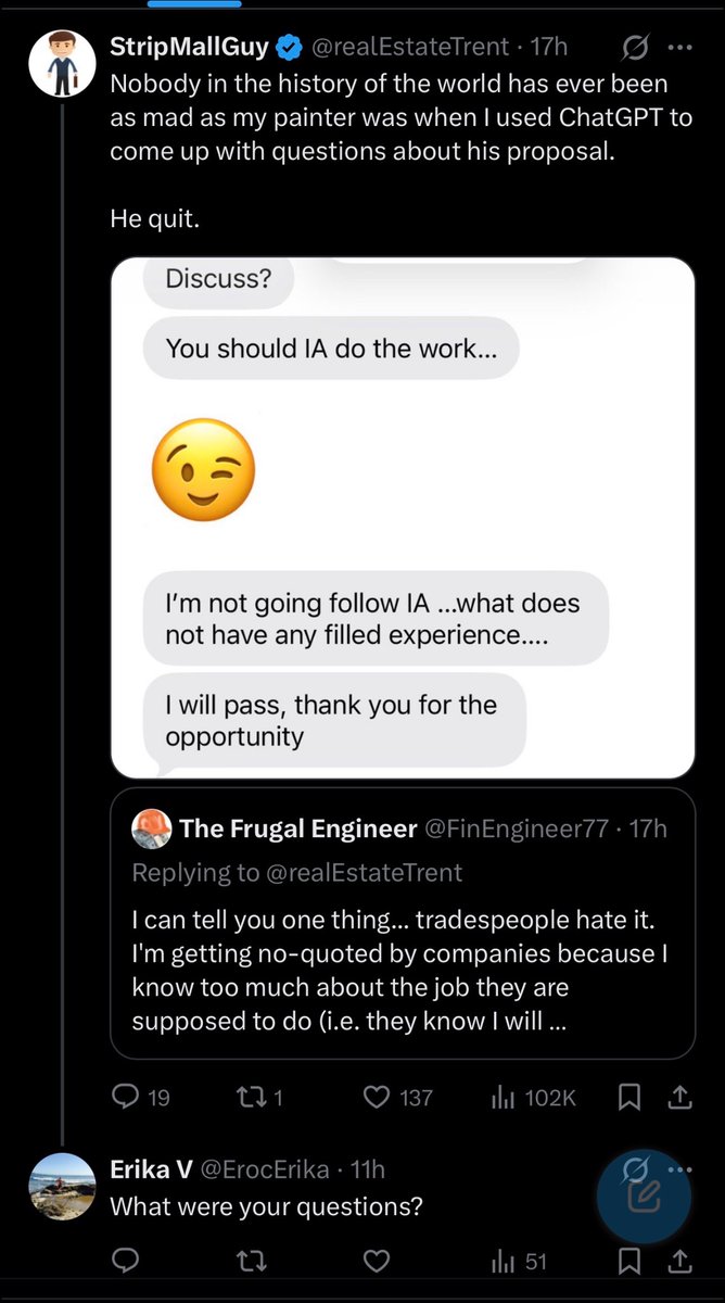 ErocErika's tweet photo. @jamesonhaslam @twallyweb I’ve noticed a trend where they attack home services. I guess that’s work? This fella won’t answer anyone when asked about what the questions were. https://t.co/7I8tlvjviN