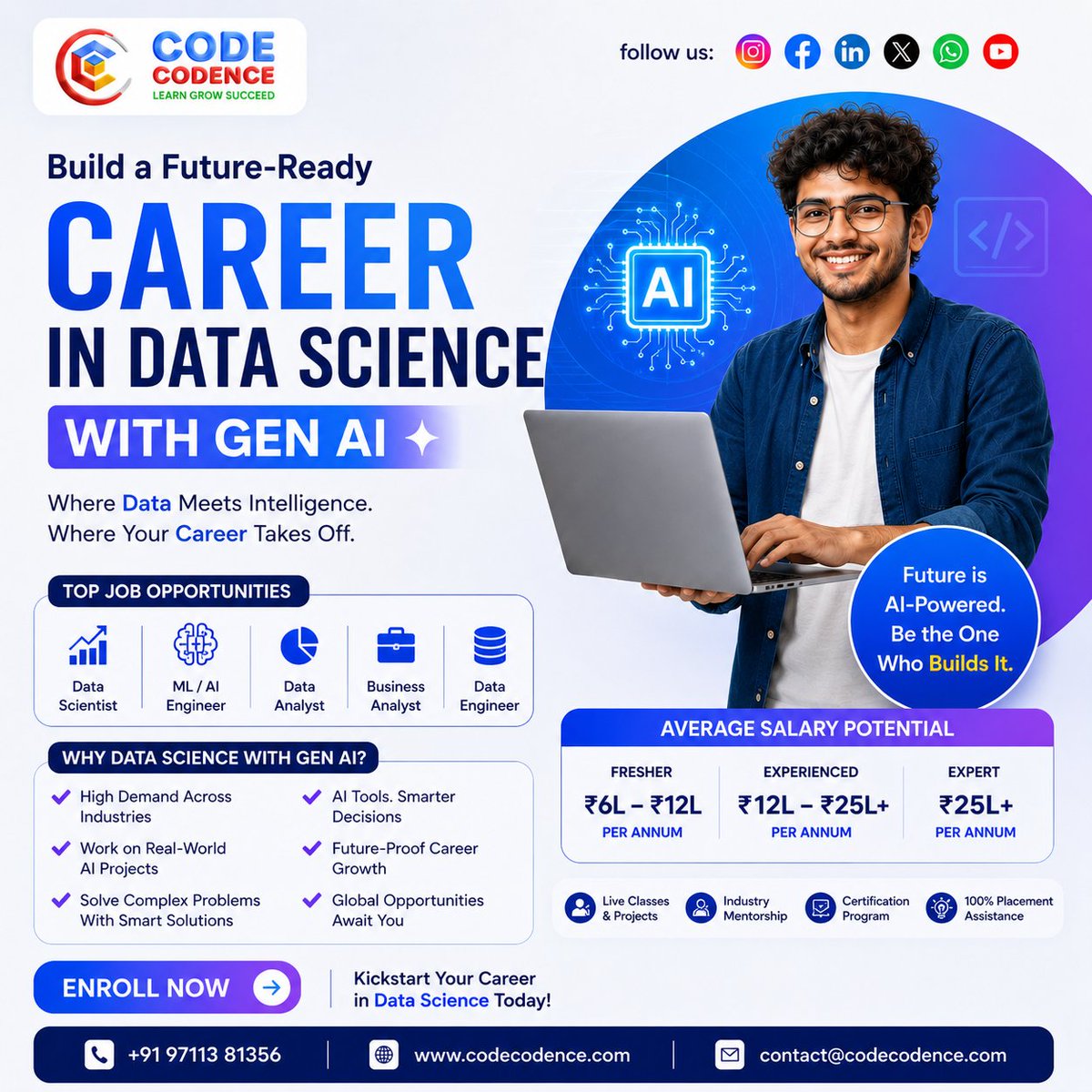 CodeCodence's tweet photo. Build a Future-Ready CAREER🚀
DATA SCIENCE WITH GEN AI✨

Where Data Meets Intelligence.
Future is AI-Powered. Be the One Who Builds It.

Jobs: Data Scientist, AI/ML Engineer, Analyst
Salary: ₹6L – ₹25L+ LPA
Live Projects | Mentorship
100% Placement Assistance

#DataScience #AI https://t.co/DPcAwcwFUf