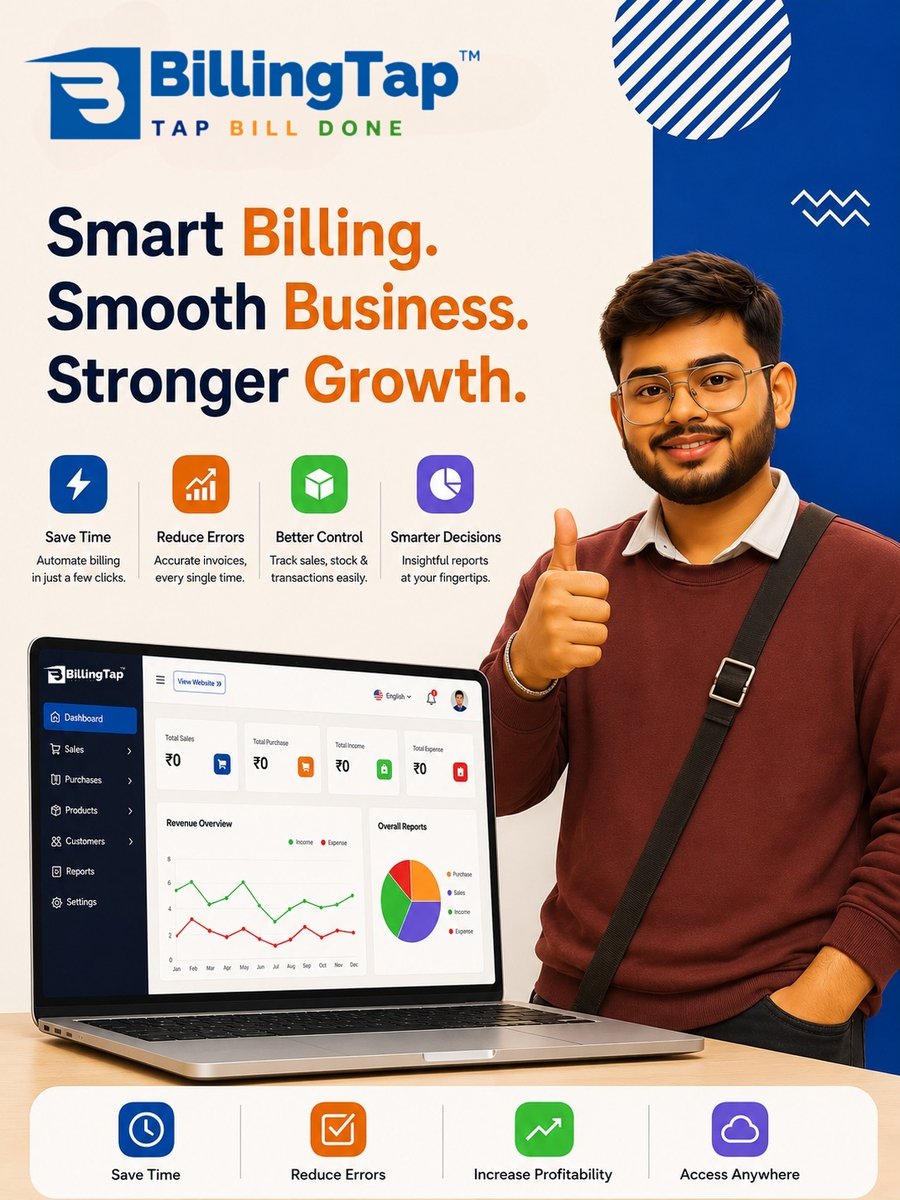 BillingTap's tweet photo. Smart Billing. Smooth Business. Stronger Growth. 
Stop letting manual paperwork slow you down! With BillingTap, you can automate your invoices, track sales, and access real-time reports in just a few clicks.
✅ Save Time
✅ Reduce Errors
✅ Increase Profitability
TAP. BILL. DONE. https://t.co/bipwogNrXL