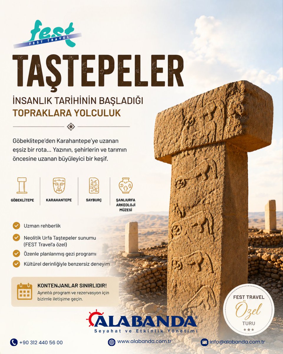 alabanda_turizm's tweet photo. 📍 İnsanlık tarihinin yeniden yazıldığı topraklara yolculuğa hazır mısınız?

Tarım, yerleşik yaşam ve dinler öncesi insanların sırları: Göbeklitepe, Karahantepe, Sefertepe, Çakmaktepe, Gürcütepe ve Sayburç…

#FestTravel #Taştepeler #Göbeklitepe #KültürTuru #YurtiçiTurları https://t.co/RRjFJzvtyD
