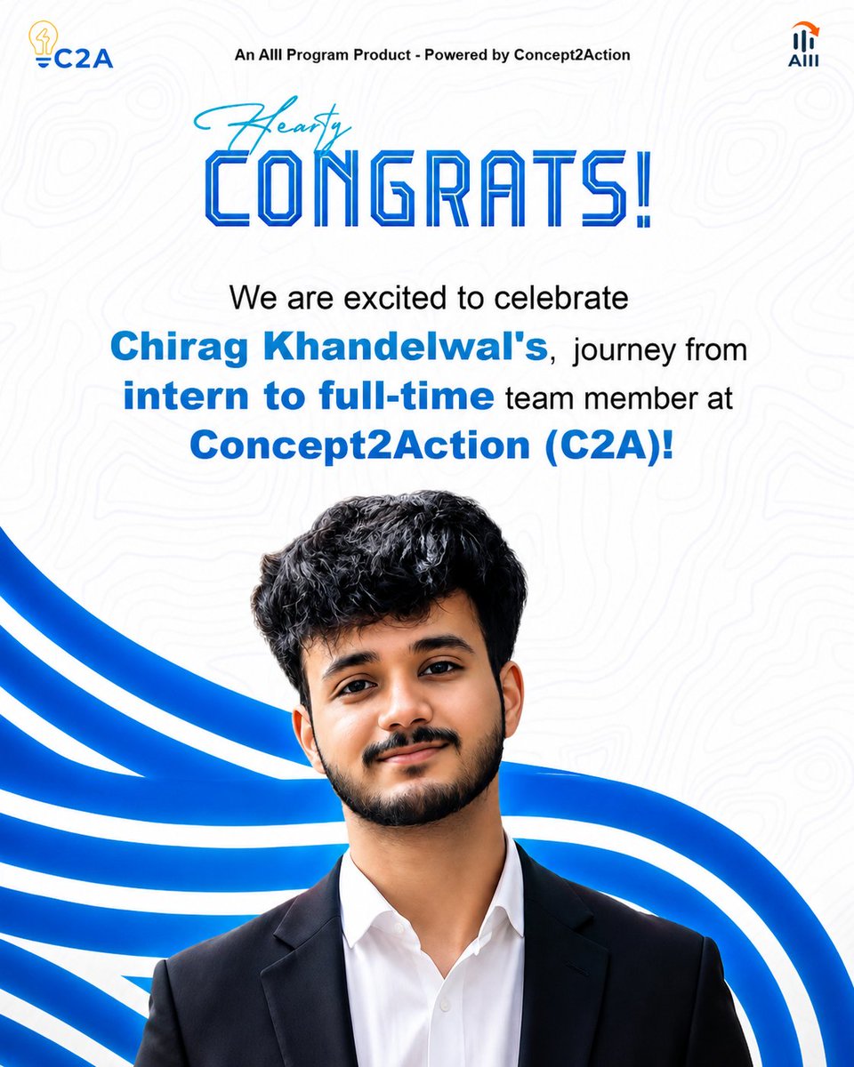 concept2ac85568's tweet photo. Congratulations to Chirag Khandelwal on his journey from intern to full-time team member at Concept2Action! His work on Fulcrum - AI Strategic Workspace showcased exceptional skills in AI/ML, NLP &amp; GenAI. Wishing him continued success! #C2A #CareerGrowth #InternToEmployee https://t.co/hkdybXw8GR