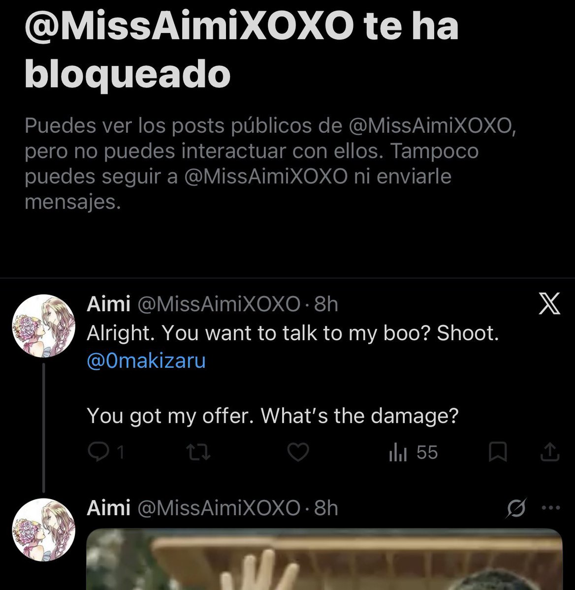 0Bear02's tweet photo. Now that I've reread the private messages that blossie sent to Omakizaru and seen how @MissAimiXOXO responded, I can confirm that “Aimi” is the secondary account of that unstable person, jossie. https://t.co/EnaOe43dNi