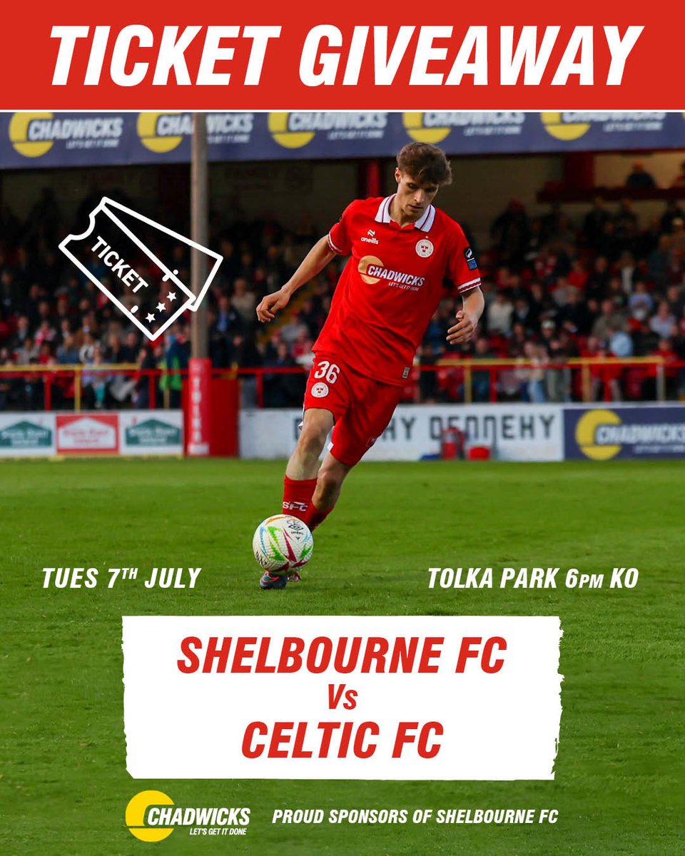 ChadwicksIE's tweet photo. 🎟️ WIN 2 tickets to SOLD OUT Shelbourne FC v Celtic FC!
📍 Tolka Park 📅 Tues 7 July, 6pm

To enter: ✅ Like ✅ Tag a mate ✅ Follow Chadwicks

Winner announced Monday!

#LetsGetItDone https://t.co/OqL6NKAntt