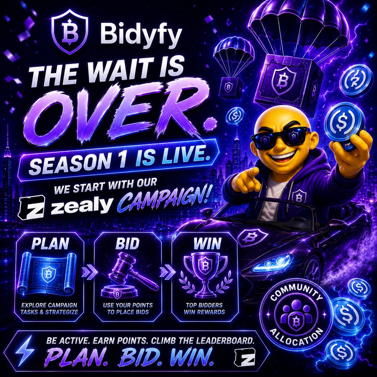 bidyfy_'s tweet photo. BIDYFY SEASON ONE IS LIVE 🔨🔥
@zealy_io x @bidyfy_

🪜 The first campaign in this season starts now, and every quest you clear stacks points toward the platform leaderboard.

🏆 Prizes: $USDC + future community rewards for those who show up early 👀

The players who get in now build a lead that carries across the whole season.

Plan. Bid. Win!

Join in and get ready for the journey! 💪
👉 https://t.co/JgBVFf2kbj