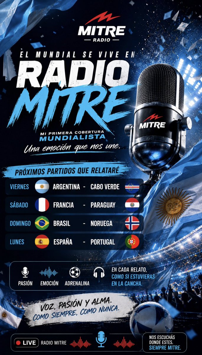 anellogaby's tweet photo. El Mundia se vive por @radiomitre 
Agárrate y subite a la Moto.
Estos son los próximos partidos que voy a relatar, en la Radio del Mundial. https://t.co/Chm2XkJxuj
