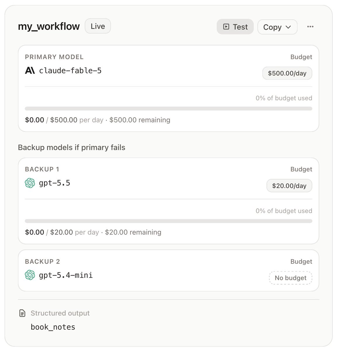 akarshcp's tweet photo. Working on AI workflow budgets.

Set spending limits for each AI model, and if one hits its budget, automatically switch to the next backup model.

No surprise AI bills. https://t.co/uNsxfWL62o