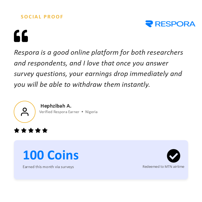 Respora_ng's tweet photo. Meet a Respora Earner!

Real people. Real surveys. Real airtime.

Every completed survey brings you one step closer to earning rewards while contributing to meaningful research.

Your opinion matters and on Respora, it pays.

Who's next? 👀

#Respora #SurveyRewards #ResearchPays https://t.co/9Qks6aWgi9