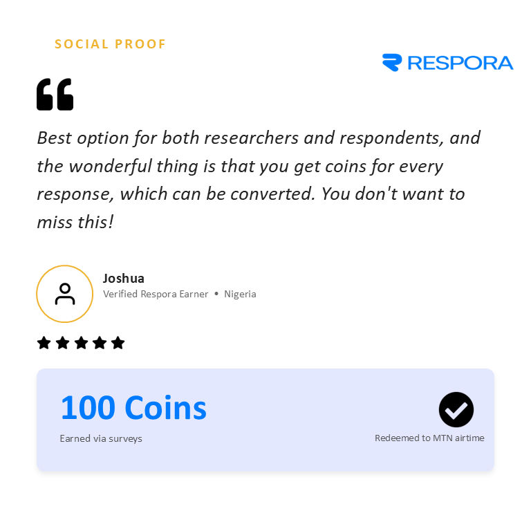 Respora_ng's tweet photo. Meet a Respora Earner!

Real people. Real surveys. Real airtime.

Every completed survey brings you one step closer to earning rewards while contributing to meaningful research.

Your opinion matters and on Respora, it pays.

Who's next? 👀

#Respora #SurveyRewards #ResearchPays https://t.co/9Qks6aWgi9