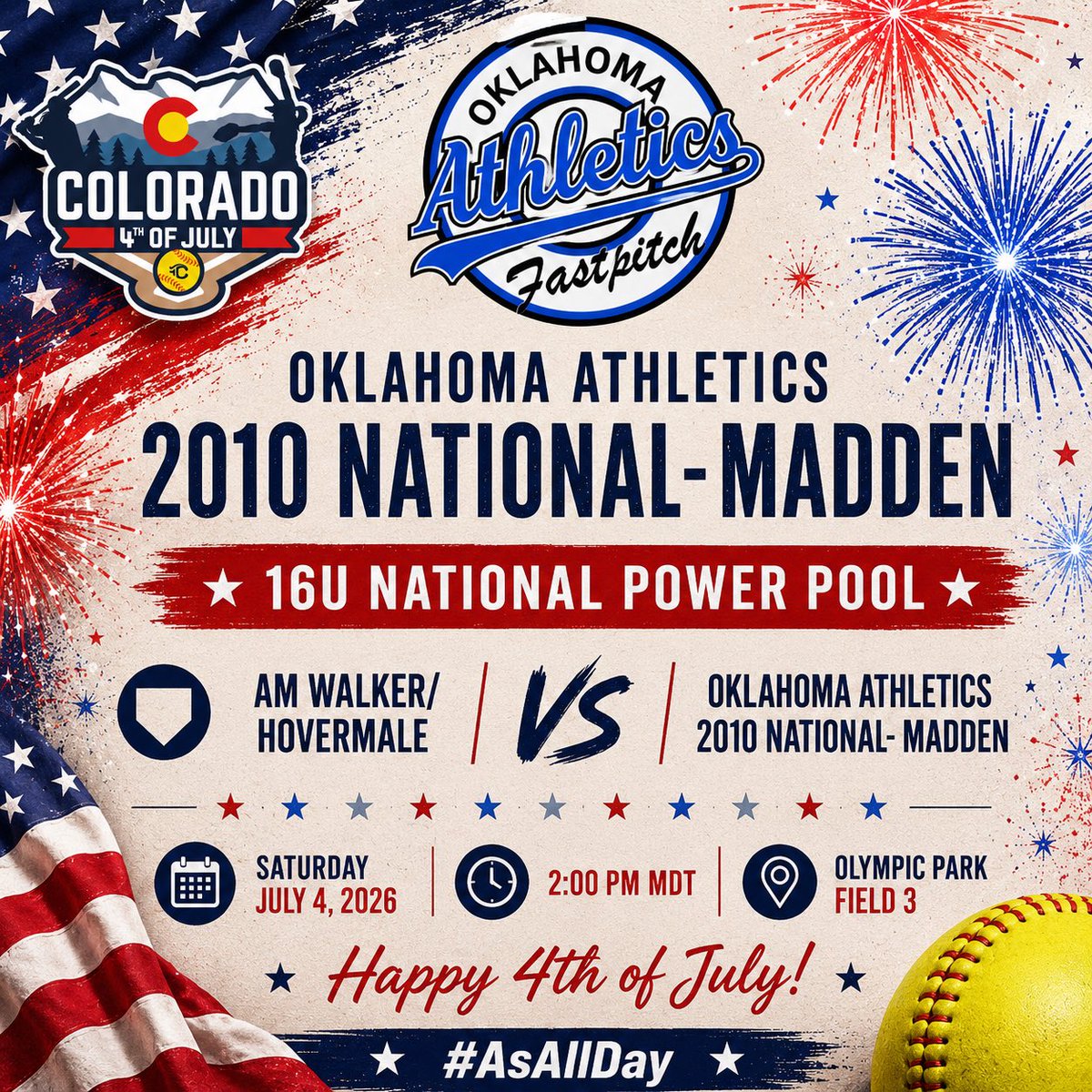 OKAs2010Madden's tweet photo. Pool Play is done! ✅
Great competiton and so much opportunity for development and growth!!
Now on to the 16U National Power Pool Single Elimination bracket!
@TCSFastpitch
📆 Saturday, July 4th
⌚️2:00 pm MDT
📍Olympic Park, Aurora, CO
#AsAllDay https://t.co/i1vgHTyrcg