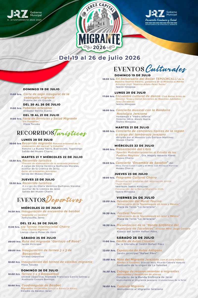 DialogoJerez's tweet photo. Del 19 al 26 de julio, el municipio celebrará Jerez Capital Migrante 2026, con actividades culturales, deportivas, charras y de servicios para fortalecer los lazos con la comunidad migrante y promover el reencuentro de las familias. Conoce el programa: https://t.co/l8By0pA7bK https://t.co/HH5lYS3ln8