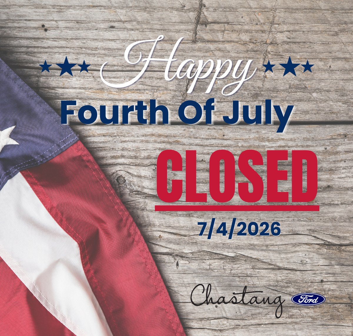 ChastangFord's tweet photo. Chastang Ford will be closed on Saturday, July 4 so our team can enjoy the holiday with their families and friends.

We wish you a safe, fun, and memorable Fourth of July! ❤️🤍💙

We'll be back and ready to serve you on Monday, July 6.

Have a happy and safe holiday!... https://t.co/G2witvH2MA