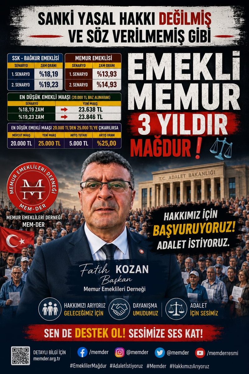 Mem__Der's tweet photo. TÜİK rakamı açıkladı, emekliye ve memura reva görülen ‘muazzam’ tablo da tüm ihtişamıyla ortaya çıktı! 

Şimdi yine çıkıp kameraların karşısına geçecekler, göğüslerini gere gere “tarihi zam yaptık” diye anlatacaklar. Siz hangi zamdan bahsediyorsunuz Allah aşkına?

Yıllık enflasyon yüzde 32,11. SSK ve Bağ-Kur emeklisine verilen ‘lütuf’ yüzde 17,75, memur ve memur emeklisine düşen pay ise yüzde 13,5! Milyonlarca insana açık açık “cebinden eksilenin tamamını karşılamaya niyetimiz yok, bununla idare et” diyorsunuz. Emekli markete TÜİK formülleriyle gitmiyor, kasada peynir alırken “bana enflasyon farkı uygulayın” diyemiyor. Kira, ilaç, fatura jet hızıyla artarken kuşa dönmüş maaş farkı aylar sonra vatandaşın önüne konuluyor.

Bir de bunu öyle bir anlatıyorlar ki, sanırsınız millete lütuf bahşediyorlar. Ortada lütuf yok, açık bir hak kaybı var. Aynı fırından ekmek alan, aynı faturayı ödeyen emeklileri farklı katsayılara mahkûm etmek bu ülkeye yakışmayan bir adaletsizliktir. Bu insanlar ömür boyu çalıştı, prim ödedi, vergi verdi. Şimdi de sadaka değil, hak ettikleri adaleti istiyorlar. Kürsülere, kameralara oynayıp bu tabloya “zam” demeyi bırakın artık. Bunun adı vatandaşa “ne haliniz varsa görün” demektir.

Milletimizin bu içi boş masallara karnı tok. Emeklinin de memurun da hakkını kuru hesaplara sıkıştıramazsınız. Bu haksızlığa asla razı olmayacağız. Derhal adil bir düzenleme yapılmalıdır!!
#MemurEmeklisineAdalet 
#EmekliMemuradaSeyyanen 
#Emekli #Enflasyon #MaaşZammı @tuikbilgi 

#memur #MemurEmeklisi 
#MemurEmeklisineAdalet
#SeyyanenHakkımızıVerin
#EmekliMemuradaSeyyanen 
#BirinciDereceye3600 
@Akparti @RTErdogan @tcbestepe @MHP_Bilgi @dbdevletbahceli @AknAa88 @mratcrpn @EkremGokhan1 @goldensun_111 @asya52122 @SoytekinA  @asya52122
