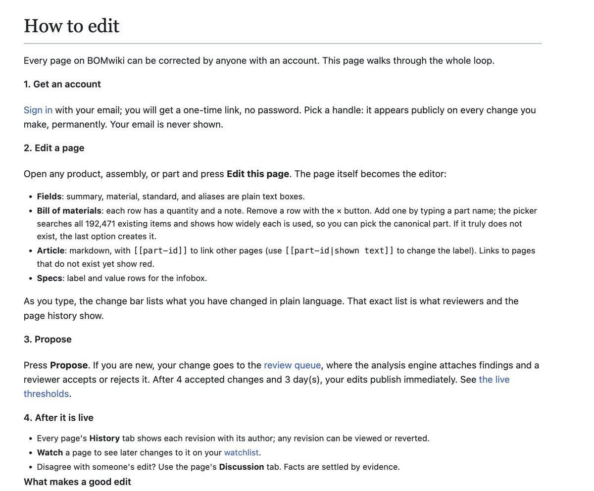 protosphinx's tweet photo. 🚨 BOMWIKI MASSIVE UPDATE

BOMwiki is now freely editable.

📦 4,878 products
🔩 192,000 part pages
⚙️ 30 million parts, down to the last screw

✅ Make a profile
✅ Fix a wrong quantity
✅ Write a BOM

Your name on every edit. All pages have editable graph.

BOMwiki Engine is open source. Link below.

Contribute to the BOM of the world 🌍
