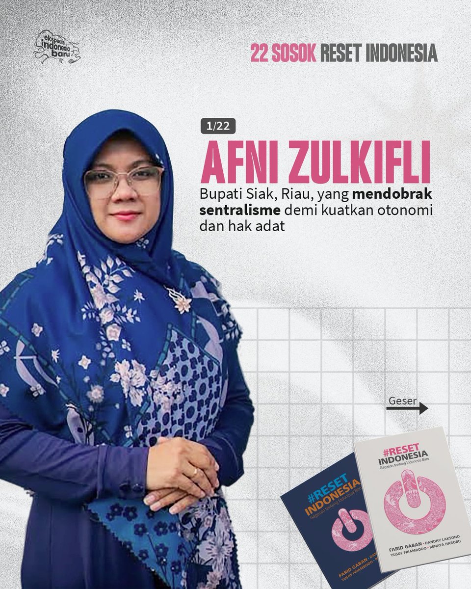 idbaruid's tweet photo. Sebagai Bupati Siak, Dr. Afni Zulkifli memiliki keberanian menata ulang kekuasaan dari bawah untuk menguatkan otonomi dan hak adat.

Hal ini beririsan langsung dengan gagasan Desentralisasi, Otonomi, dan Reformasi Sistem Politik dalam buku Reset Indonesia.

Saatnya kita mendobrak imajinasi bahwa masih ada sosok pemimpin yang punya gagasan besar untuk perbaikan.

Lewat tiga kali ekspedisi menjelajahi Indonesia, kami justru menemukan begitu banyak sosok yang membawa gagasan perubahan mendasar. Simak linimasa kami untuk mengupas 22 figur inspiratif yang punya gagasan nyata beririsan dengan buku #ResetIndonesia

#22SosokResetIndonesia