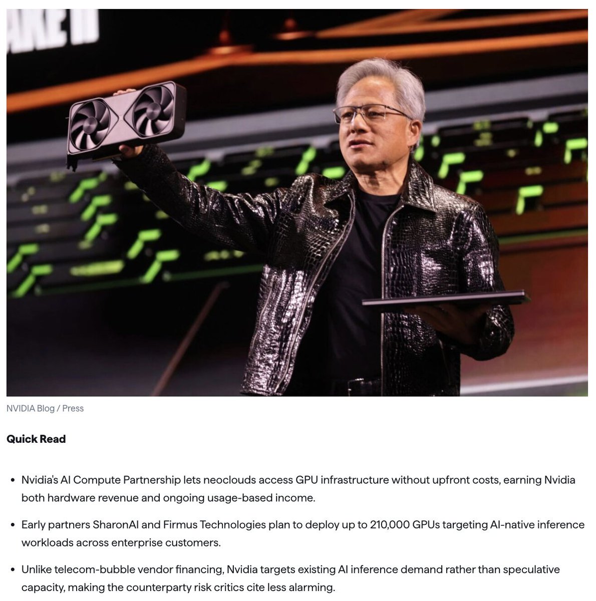 shawnchauhan1's tweet photo. Nvidia just became a bank. Nobody's calling it that yet.

Neoclouds like CoreWeave and Lambda buy GPUs in bulk on weak credit ratings, which makes financing expensive.

Nvidia's fix: guarantee to rent back any unused capacity, and take a cut of the revenue.

Read what that actually does.

It doesn't just sell chips anymore. It underwrites the demand risk on every chip it sells.

That's not a hardware moat. That's a financial one, and it's much harder to compete with.

The company selling the shovels just started insuring the gold rush.