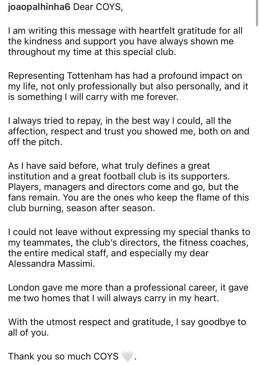 SpursArmyTweets's tweet photo. 🚨 BREAKING: Joao Palhinha CONFIRMS he will NOT be returning to #thfc, via Instagram. 📲🤍

“Dear COYS…

“Representing Tottenham has had a profound impact on my life, not only professionally but also personally, and it is something I will carry with me forever.”

Thank you for everything, Joao. We love you. ❤️