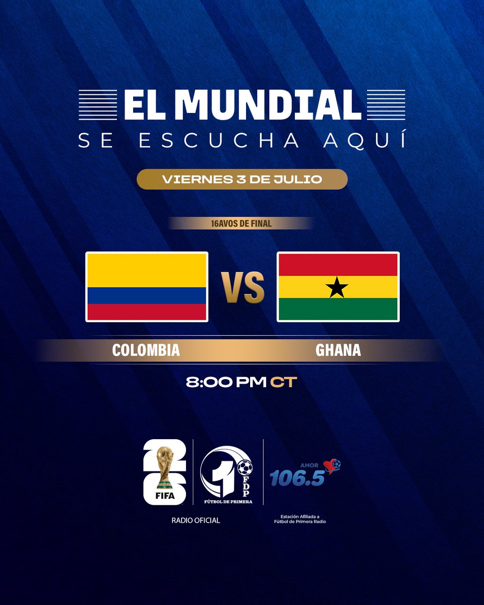 1065amor's tweet photo. Houston, el Mundial también va por radio 📻

Colombia vs. Ghana se escucha HOY por Amor 106.5 FM, desde las 8:00 p.m.

Sigue la emoción de la Copa Mundial de la FIFA 2026 con Fútbol de Primera ⚽

No disponible por streaming 📱

#Mundial2026 https://t.co/ztokWcU3bC
