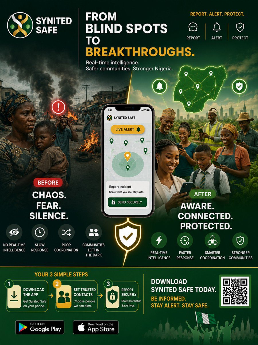 SynitedSafe's tweet photo. Synited Safe transforms isolated reports into actionable intelligence, helping citizens &amp; agencies respond before threats escalate

Join a growing network helping communities stay informed and safe

To Sign up, visit https://t.co/bhE6mY9w1k
Download available on Android app store https://t.co/j3Nd3CRVIg