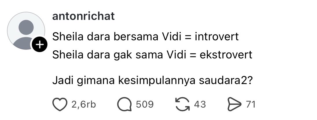 myshawti's tweet photo. Ini namanya Person × Situation Interaction (Interactionism)

Intinya itu perilaku seseorang dipengaruhi oleh interaksi antara kepribadian dan situasi, bukan hanya oleh tipe kepribadiannya

Seseorang bisa terlihat pendiam saat bersama orang tertentu, tetapi lebih aktif dan ekspresif di lingkungan lain. Itu tidak berarti kepribadiannya berubah dari introvert menjadi ekstrovert, tapi cara ia mengekspresikan dirinya menyesuaikan konteks, rasa nyaman, dan dinamika hubungan