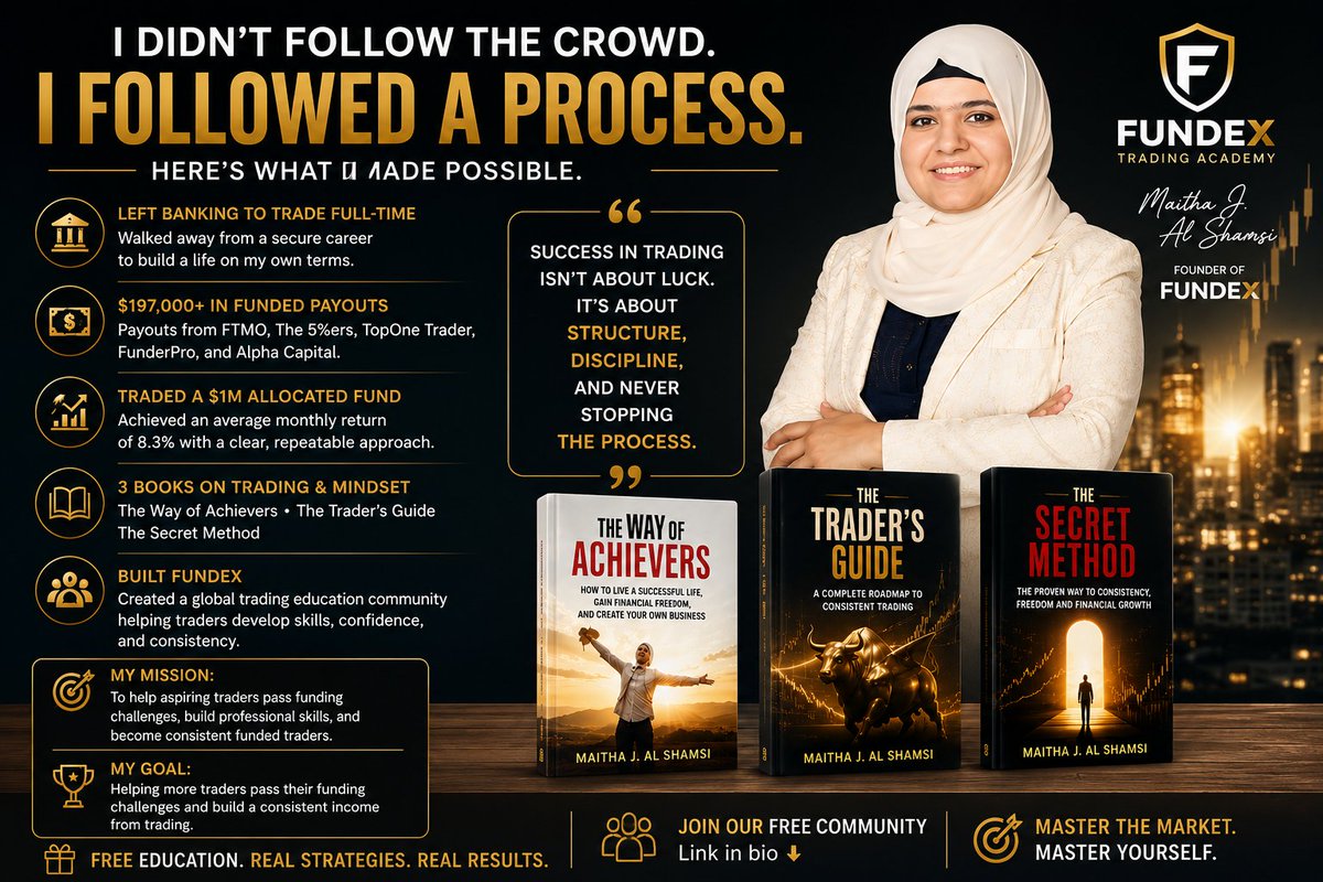 Maithaj07's tweet photo. I didn’t follow the crowd. I followed a process.
✅ $197K+ in funded payouts
✅ Traded a $1M allocated fund
✅ Published 3 books
✅ Left banking to trade full-time
✅ Built Fundex
My biggest lesson?
Trading success isn’t luck. It’s structure, risk management &amp; discipline.
Join 👇 https://t.co/PrNl1egjKC