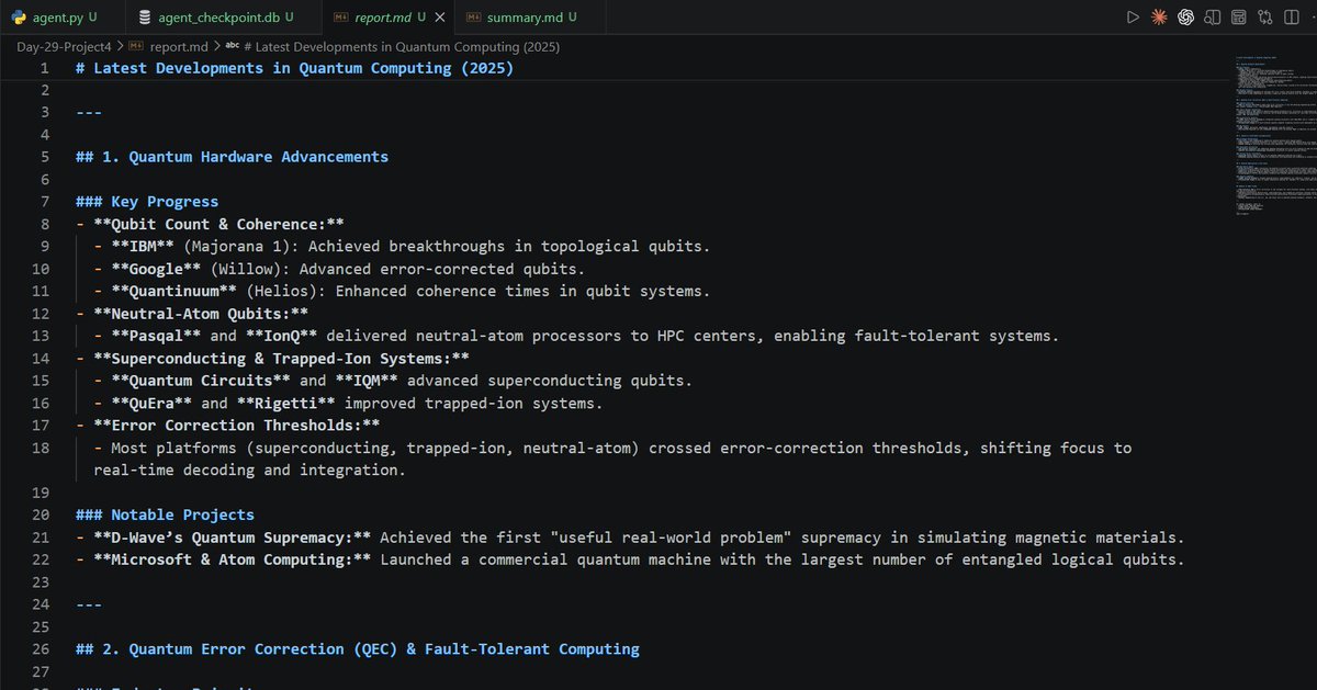 Asimmmm06's tweet photo. #LSPPDay33
Today, I built agent advance research agent:
- Implemented 6 tools
- Added a planning step where agent first plans then begins the research
- agent reviews its own output(review step)
@lftechnology
#60DaysofLearning2026 #LearningWithLeapfrog #LangGraph https://t.co/i6j619WtV1