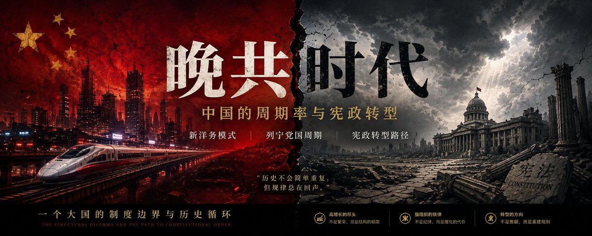 KA594594's tweet photo. 晚共时代：中国的周期率与制度转型

今天的中国，也许正在进入一种新的历史状态。这种状态未必意味着崩溃，也不意味着某种倒计时开始。它更像一种结构性转折：一个曾经高速增长、组织强大、动员能力极高的体系，开始逐渐触及自身的制度边界。
我将其称之为：“晚共时代”。
这里的“晚”不是时间意义上的晚，而是一种历史结构意义上的“晚”：旧逻辑仍然存在，但解释现实的能力开始下降；旧秩序仍然强大，但新的问题不断出现。理解这种变化，需要从三个层面来观察。
第一，是“新洋务模式”的边界。
十九世纪晚清曾经试图以“中学为体，西学为用”实现国家自强，希望在不改变皇权结构的前提下，通过技术和工业实现现代化。改开以来，中国事实上也形成了自己的历史版本：在维持既有政治结构的前提下，引入市场经济、全球资本、现代科技和工业体系，实现国家富强。这一模式不可否认某种程度上取得了巨大成功。中国完成了世界历史上规模空前的工业化与城市化进程，数亿人的命运被改变，国家实力迅速崛起。
但任何发展模式都存在边界。过去几十年的增长，在很大程度上建立在人口红利、全球化红利、土地财政和后发优势之上。当这些条件逐渐减弱时，现代化开始进入新的阶段。
问题在于，工业化可以依靠行政动员推进，但创新文明则需要更多制度空间。现代经济越来越依赖知识、信任、产权和社会自主性，而这些因素无法完全依靠技术替代。
真正的问题不是增长结束，而是增长逻辑开始变化。
第二，是列宁党国的周期问题。这里的“周期率”并不是宿命论，也不是简单地说某种体制一定走向终结，而是组织结构本身可能存在某种演化规律。
革命组织在夺取政权阶段通常具有极高效率。它能够快速动员资源，集中力量完成国家建设。但革命成功以后，组织目标往往开始变化。
原来的问题是：“如何取得权力？”后来的问题则变成：“如何维持权力？”随着时间推移，革命组织逐渐转化为官僚体系。组织规模越大，控制成本越高；社会越复杂，治理难度越大。
于是系统可能进入一个循环：革命动员——权力集中——经济发展——官僚扩张——社会复杂化——控制成本上升——制度调整压力增加。这种问题并非中国独有。很多现代国家都面对类似挑战：如何让一个原本适合革命和动员的组织，长期治理一个高度复杂的现代社会。
因此，问题不是国家能力是否强大。问题是，国家能力能否持续适应新的现实。
第三，是宪政转型的缺口。现代社会最大的特点，是复杂性不断增加。经济利益越来越多元，社会结构越来越分化，个人意识越来越独立。面对这种变化，仅靠行政管理已经越来越难以吸收所有矛盾。
现代制度之所以重要，并不是因为它能够消灭冲突，而是因为它能够处理冲突。选举可以更换政府，司法可以限制权力，社会组织可以表达利益，公共讨论可以形成修正机制。成熟制度的意义，不在于永远正确，而在于允许自己纠错。
过去中国经历过太多剧烈变化：战争、革命、政治运动和社会重建。历史已经证明，摧毁旧制度远比建立新制度容易。因此，中国未来最重要的问题，并不是旧秩序何时结束，而是如何以最低成本进入新的阶段。
真正危险的不是变化，而是变化失控。如果未来变化意味着国家能力瓦解、社会秩序崩溃和全面对抗，那么代价将极其巨大；如果变化完全停滞，则压力又可能不断累积。
真正成熟的转型，既不是革命式清零，也不是永恒静止，而是让制度逐步获得吸收矛盾和自我修正的能力。
如果说二十世纪中国最大的主题是站起来；改开时代最大的主题，是富起来，未来中国，也许需要回答一个新的问题：如何让国家真正属于公民，而不是让公民属于国家。
中国未来真正需要完成的，也许不是一场新的革命，而是一场限制权力的革命。它不以摧毁为目标，而以规则重建为目标；不以寻找新的救世主为目标，而以建立不依赖救世主的制度为目标。
一个成熟文明真正重要的，不是产生伟大的领袖；而是在没有伟大领袖的时候，制度仍然能够正常运转。
@baodiantimes