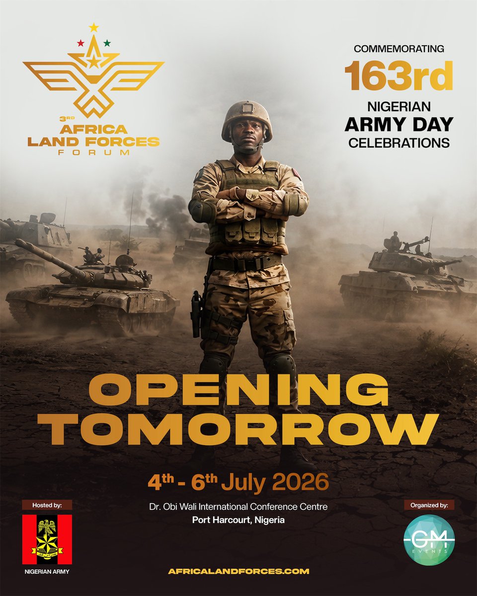 AfricaLandForce's tweet photo. 1 day to go! Tomorrow, Africa's premier land forces forum begins. The conversations, technology and partnerships shaping tomorrow's security start here
📆 4–6 July 2026
📍 Port Harcourt, Nigeria
🔗 https://t.co/sApzh09f43
#ALFF2026 #AfricaLandForces #DefenceIndustry #LandForces https://t.co/QKoW4jZDXW