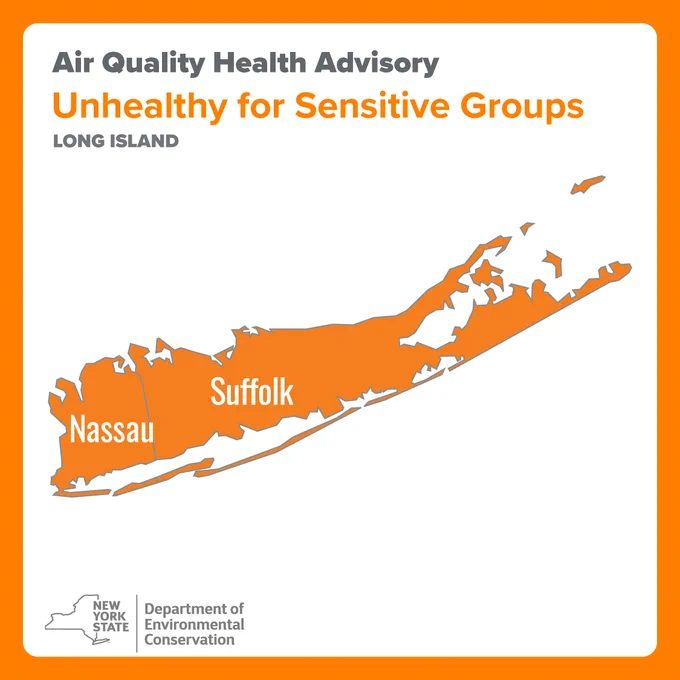 Graphic which reads "Air Quality Health Advisory. Unhealthy for sensitive groups. Long Island"