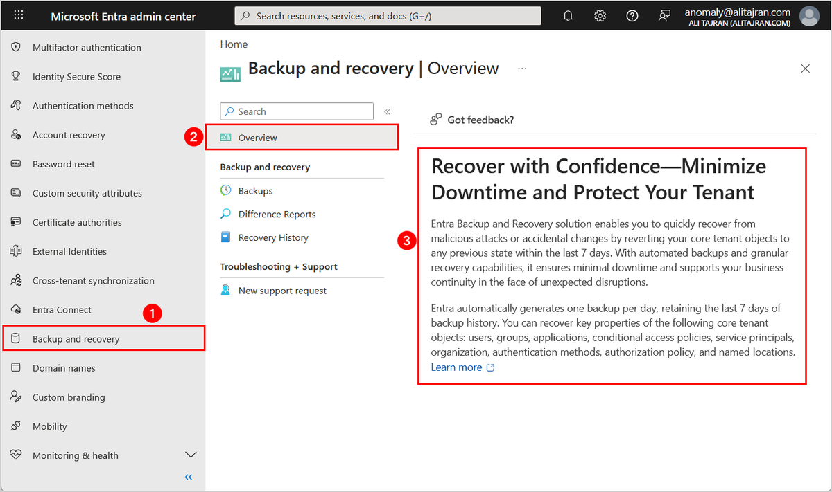alitajran's tweet photo. Microsoft Entra Backup and Recovery is now Generally Available!

Entra Backup and Recovery is a built-in solution to help restore your tenant after accidental changes or malicious updates.

It automatically backs up critical directory objects, including:

- Users
- Groups
- Applications
- Service principals
- Managed identities
- Conditional Access policies
- Named locations
- Agent IDs
- Authentication methods
- Authorization policies

Entra Backup and Recovery is enabled by default and automatically takes daily backup of a tenant's supported directory objects. If a tenant has Microsoft Entra ID P1 or P2 licenses, one backup is taken each day and retained for 7 days.

Admins can view available snapshots, generate difference reports to understand what has changed, and run recovery jobs to restore objects to a prior state.

This gives your organization a reliable, built-in safety net, helping you recover with confidence, minimize downtime, and protect your tenant from accidental changes, misconfigurations, or security compromises.

Learn more:
https://t.co/LhzogBYkWd

#EntraID #Microsoft365 #Microsoft