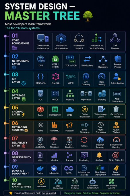 BharukaShraddha's tweet photo. SYSTEM DESIGN — MASTER TREE 🌲

System Design
│
├── 01. Core Foundations
│   ├── Client-Server Architecture
│   ├── Monolith vs Microservices
│   ├── Stateless vs Stateful
│   ├── Horizontal vs Vertical Scaling
│   └── CAP Theorem
│
├── 02. Networking Layer
│   ├── DNS
│   ├── HTTP / HTTPS
│   ├── TCP vs UDP
│   ├── WebSockets
│   ├── Load Balancers
│   └── Reverse Proxies
│
├── 03. API Layer
│   ├── REST APIs
│   ├── GraphQL
│   ├── gRPC
│   ├── API Gateway
│   ├── Rate Limiting
│   └── Authentication
│
├── 04. Database Layer
│   ├── SQL
│   ├── NoSQL
│   ├── Indexing
│   ├── Replication
│   ├── Sharding
│   └── ACID Transactions
│
├── 05. Caching Layer
│   ├── Redis
│   ├── Memcached
│   ├── CDN
│   ├── Cache Invalidation
│   ├── Write-through Cache
│   └── Cache Eviction Policies
│
├── 06. Messaging Systems
│   ├── Kafka
│   ├── RabbitMQ
│   ├── Pub/Sub
│   ├── Event Streaming
│   ├── Async Processing
│   └── Queue Workers
│
├── 07. Reliability Layer
│   ├── High Availability
│   ├── Fault Tolerance
│   ├── Circuit Breakers
│   ├── Retries
│   ├── Disaster Recovery
│   └── Backpressure Handling
│
├── 08. Observability
│   ├── Logs
│   ├── Metrics
│   ├── Tracing
│   ├── Monitoring
│   ├── Alerting
│   └── SLA / SLO / SLI
│
├── 09. DevOps & Deployment
│   ├── Docker
│   ├── Kubernetes
│   ├── CI/CD
│   ├── Infrastructure as Code
│   ├── Blue-Green Deployment
│   └── Canary Releases
│
└── 10. Future Architectures
├── Serverless
├── Edge Computing
├── AI-Native Systems
├── Autonomous Infrastructure
└── Self-Healing Systems

Most developers learn frameworks.

The top 1% learn systems.