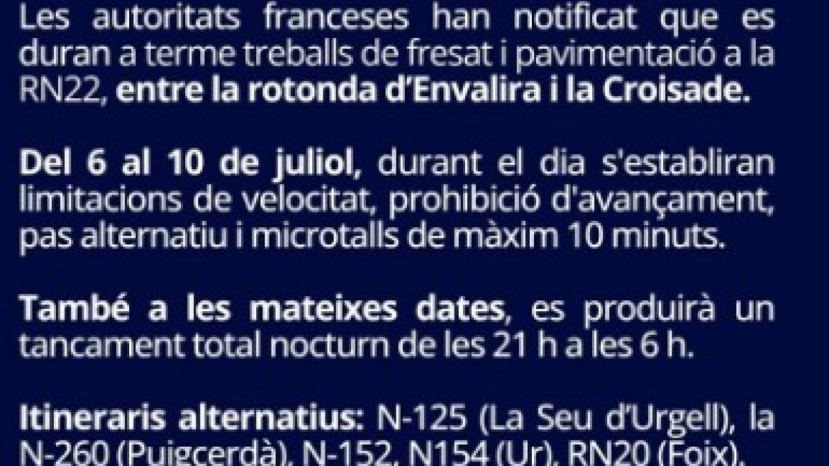 diariandorra's tweet photo. Obres a la RN22 comportaran talls nocturns i restriccions de trànsit entre el 6 i el 10 de juliol @mobilitat https://t.co/ktUb3w2pwB https://t.co/QU7Z1yrWVX