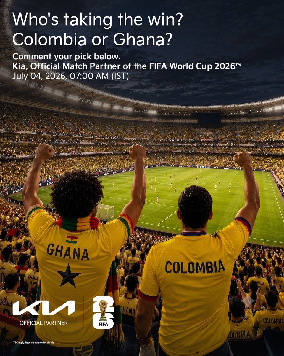 KiaInd's tweet photo. Rivalries may divide the pitch, but the love for the game brings us together.​

Who's taking the win today?​

Australia or Egypt?​
Colombia or Ghana?​​

Comment your picks below and catch every moment of the FIFA World Cup 2026™ with Kia, Official Match Partner. https://t.co/kWrHfRWsRN