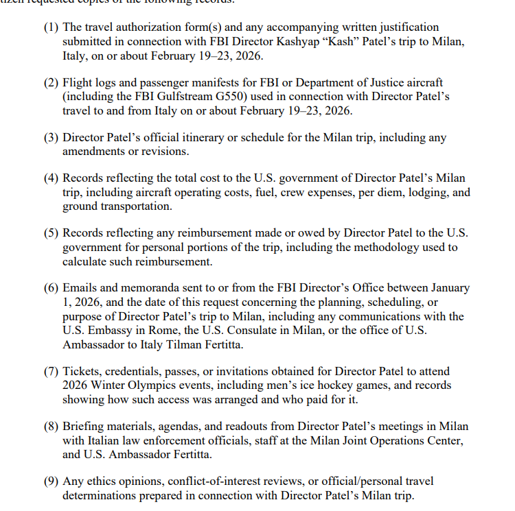 MacFarlaneNews's tweet photo. ANOTHER DELAY:   Justice Dept asks for an additional month before responding to lawsuit that demands travel records from Kash Patel's trek to the 2026 Winter Olympics

(The trip in which he was guzzling beer in the locker room)

Here's what plaintiffs are demanding ====> https://t.co/0j9vQ4kSxX