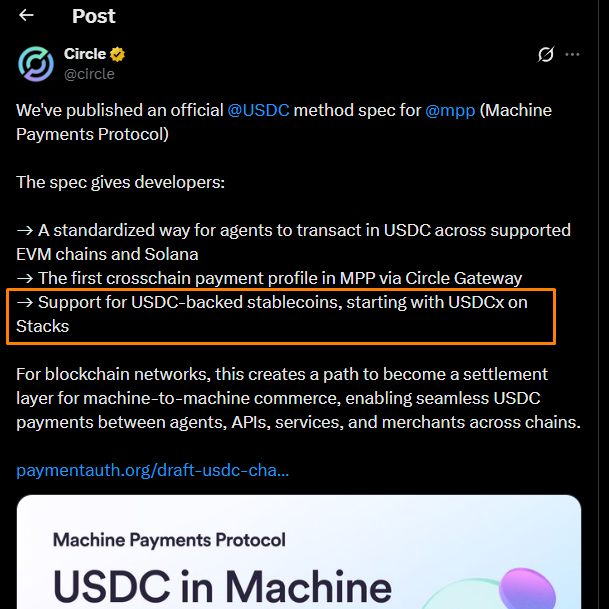 Rick_Sebastiaan's tweet photo. Circle published USDC method spec for MPP.

Stacks is the first USDC-backed stablecoin support.

AI Agents on Bitcoin transact with USDC through @Stacks. https://t.co/tPj5Z1LvRr