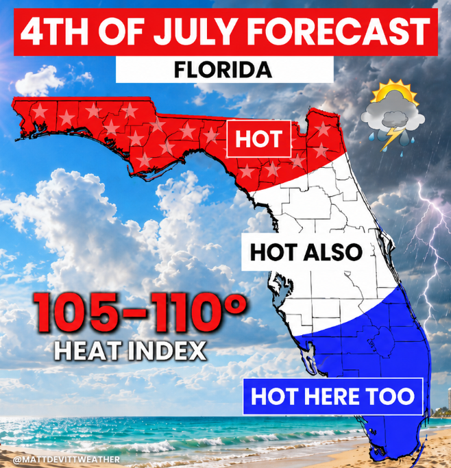 MattDevittWX's tweet photo. The Florida 4th of July forecast is out...🇺🇸 https://t.co/KDOHHaAQCR