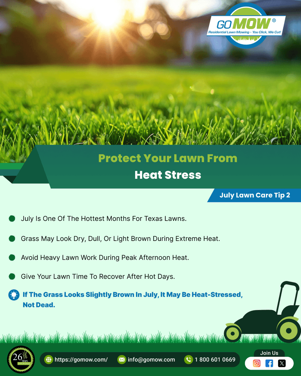GoMowOfficial's tweet photo. July Lawn Care Tip 2: Protect Your Lawn from Heat Stress
👉 July is one of the hottest months for Texas lawns.
👉 Grass may look dry, dull, or light brown during extreme heat.
👉 Avoid heavy lawn work during peak afternoon heat.
https://t.co/zg5Z3aVbYJ
#GoMow #LawnMowing  #Lawn https://t.co/SX7NMsWog2