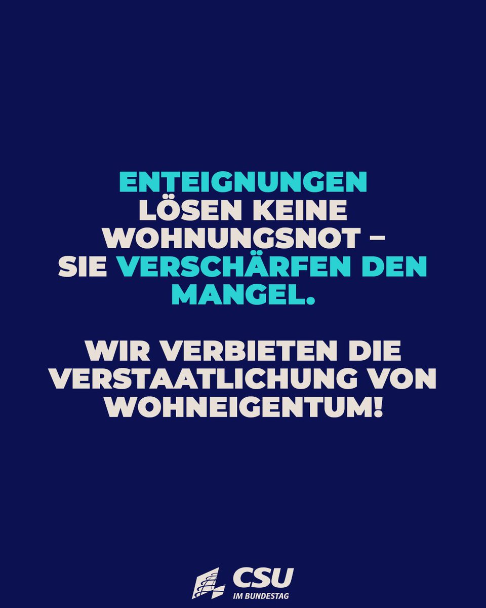 csu_bt's tweet photo. Die Debatten um die Enteignung von Wohneigentum, insbesondere in Berlin, haben bereits zu einer massiven Zurückhaltung im Neubau geführt. Damit ist jetzt Schluss: Die Verstaatlichung privater Wohnungsbestände wird bundesgesetzlich geregelt und damit unterbunden. Wir stehen für Investitionssicherheit und das Recht am Eigentum!