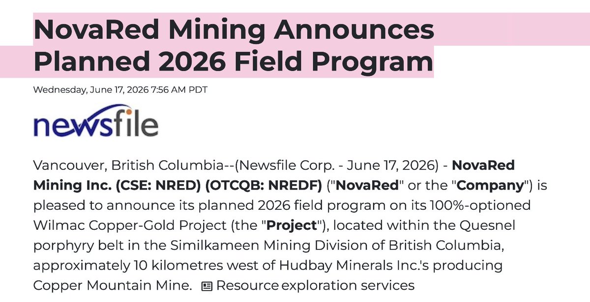 rodrigofrota4's tweet photo. THIS IS WHY I BOUGHT AND HOLD NovaRed Mining Inc

The copper market is moving into a structural supply problem

Demand keeps rising from AI data centers, grids, EVs, defense systems, robotics, telecom and global industrial growth

But the old mine base is aging
Ore grades are falling
Easy copper has already been mined
The next supply has to come from deeper, harder, slower and more expensive projects

That is why promising copper juniors matter now
NovaRed gives me exposure to Wilmac, a copper-gold project in British Columbia
And the latest MetalCore update is the key reason I like the setup
MetalCore processed 57 years of Wilmac public exploration data:

10 mineral occurrences

19 assessment reports from 1968–2025
38 regional geochemical samples
Past production
Regional magnetic data
Then it highlighted a platinum-group element signal alongside the copper-gold thesis
This is exactly what I want to see before drilling
Copper demand is rising
Old mines are struggling
Wilmac keeps gaining layers

That is why I hold $NRED

NFA