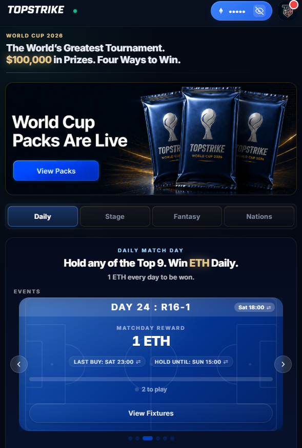 TopStrikeIO's tweet photo. Today is the Round 32 Finale, so we're bringing back DOUBLE Rewards day!

Every pack and player purchase earns 2x Fantasy Cards.

Same spend. Twice the cards. Bigger chance to win a share of $10,000 USDM in the Fantasy Cup.

Plus, Round of 16 Match Events are now live with 1 ETH available daily. Just 2 matches per day means tighter leaderboards, fewer players in action and every big performance matters.

https://t.co/khZTLQfuQe