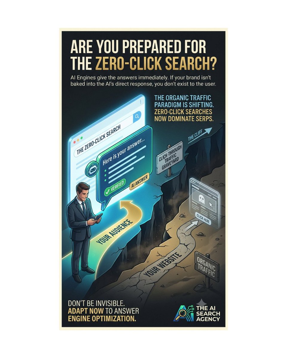 aisearchagency's tweet photo. The Zero-Click Reality: AI engines give answers directly, killing organic clicks. If your brand isn't baked into the AI's response, you don't exist. Contact us for a free AI assessment of your website's visibility.

#GEO #AI #AIsearch https://t.co/aGimWXwckF