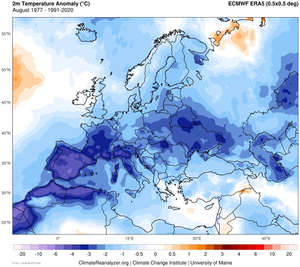 Manuel679515's tweet photo. y si hablamos del verano opuesto a estos ultimos años seria el de 1977, el mas frio desde que hay registros en la peninsula iberica. Las desviaciones hablan por si solas, no superandose los 35 grados en todo el verano en Sevilla y con maximas por debajo de los 30 alli https://t.co/rjJY6umyyi