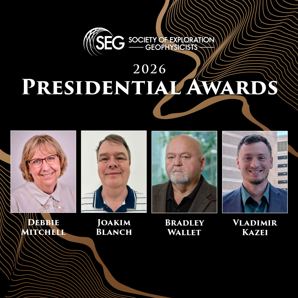 SEG_org's tweet photo. 🏆 Congratulations to the 2026 SEG Presidential Award recipients. 

SEG President Joe Reilly has selected SEG Events Planner Debbie Mitchell, Geophysics Editor-in-Chief Joakim Blanch, Interpretation Editor-in-Chief Brad Wallet, and The Leading Edge Editorial Board Chair Vladimir Kazei to receive this honor in recognition of their exceptional service to the Society. 

Read more: https://t.co/Tkm14xZHwR