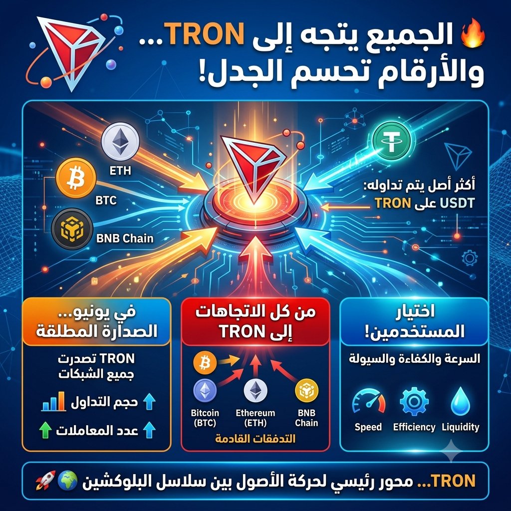 G8TQ6's tweet photo. 🔥 الجميع يتجه إلى TRON... والأرقام تحسم الجدل.

في يونيو، لم تكتفِ TRON بالصدارة على Symbiosis، بل تصدرت جميع الشبكات من حيث حجم التداول وعدد المعاملات، بينما واصل USDT على TRON احتلال المركز الأول كأكثر أصل يتم تداوله.

والأكثر إثارة أن التدفقات تأتي من كل الاتجاهات؛ من Bitcoin وEthereum وBNB Chain نحو TRON، في رسالة واضحة بأن المستخدمين يختارون الشبكة التي توفر السرعة والكفاءة والسيولة.

هذه ليست مجرد إحصائيات شهرية، بل دليل جديد على أن TRON ترسخ مكانتها كمحور رئيسي لحركة الأصول بين سلاسل البلوكشين. 🚀🌍

#TGF #TRON
#TRONGlobalFriends