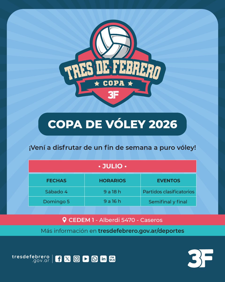 Municipalidad3F's tweet photo. 🧉🏐 Este sábado 4 y domingo 5 de julio, las canchas del CEDEM 1 te esperan con la Copa de Vóley 2026. Los mejores equipos de la zona se encuentran en #Caseros para dejarlo todo en una gran competencia barrial con partidazos relámpagos. https://t.co/vyS2craGDt