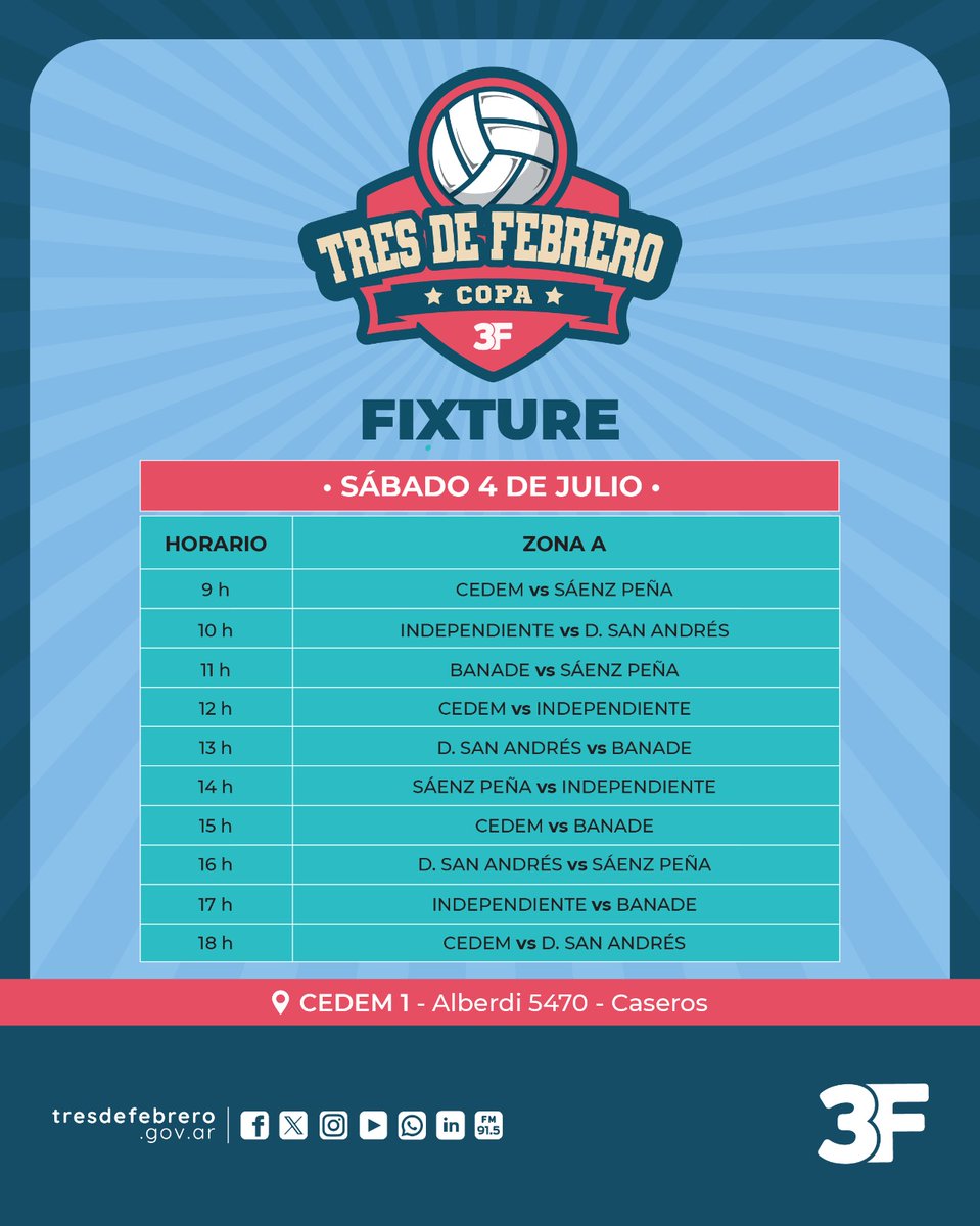 Municipalidad3F's tweet photo. 🧉🏐 Este sábado 4 y domingo 5 de julio, las canchas del CEDEM 1 te esperan con la Copa de Vóley 2026. Los mejores equipos de la zona se encuentran en #Caseros para dejarlo todo en una gran competencia barrial con partidazos relámpagos. https://t.co/vyS2craGDt