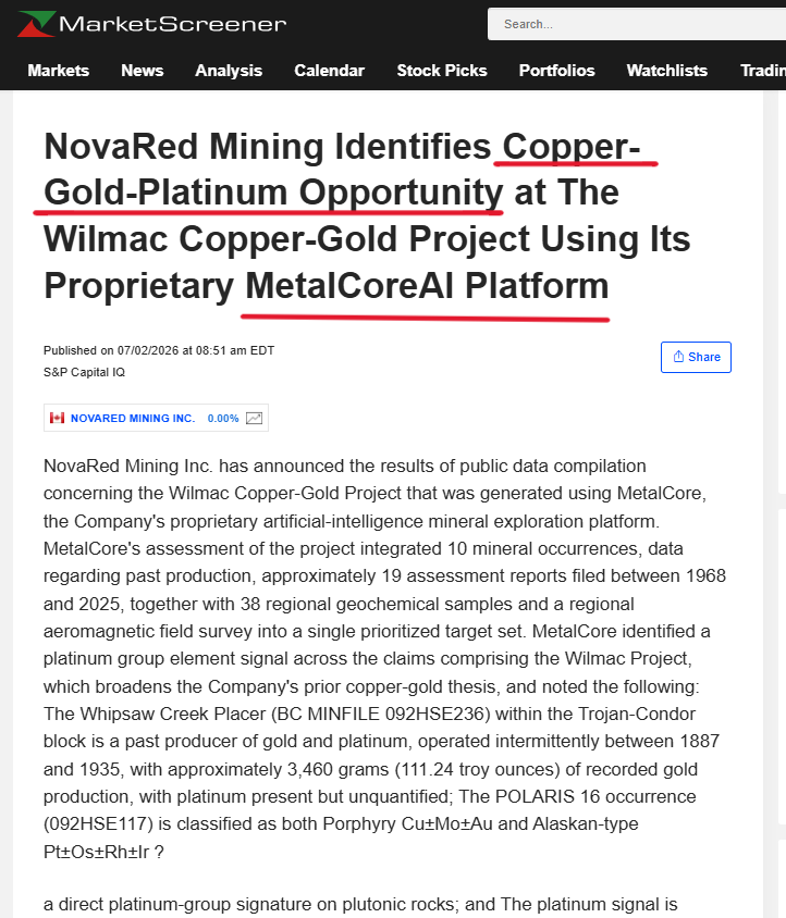 dodigaul0102's tweet photo. THIS IS WHY I HOLD $NRED.CSE / $NREDF

Copper demand keeps rising while the old mine base keeps getting weaker

AI data centers need copper
Power grids need copper
EVs need copper
Defense systems need copper
Robotics, telecom and advanced manufacturing need copper

At the same time, major copper mines are aging, ore grades are declining, and new supply takes years to bring online
That is why I want exposure to promising copper juniors before the market fully prices the supply gap

NovaRed gives me that through Wilmac in British Columbia
But the key reason I keep holding is the latest MetalCore update

MetalCore processed 57 years of Wilmac data:
10 mineral occurrences
19 assessment reports from 1968–2025
38 regional geochemical samples
Past production records
Regional magnetic data
Then it highlighted a platinum-group element signal alongside the copper-gold thesis

Copper demand is structural
New supply is slow
Wilmac keeps gaining layers

That is why I hold $NRED. I’m in, you do you

$NEM $AAPL $JNJ