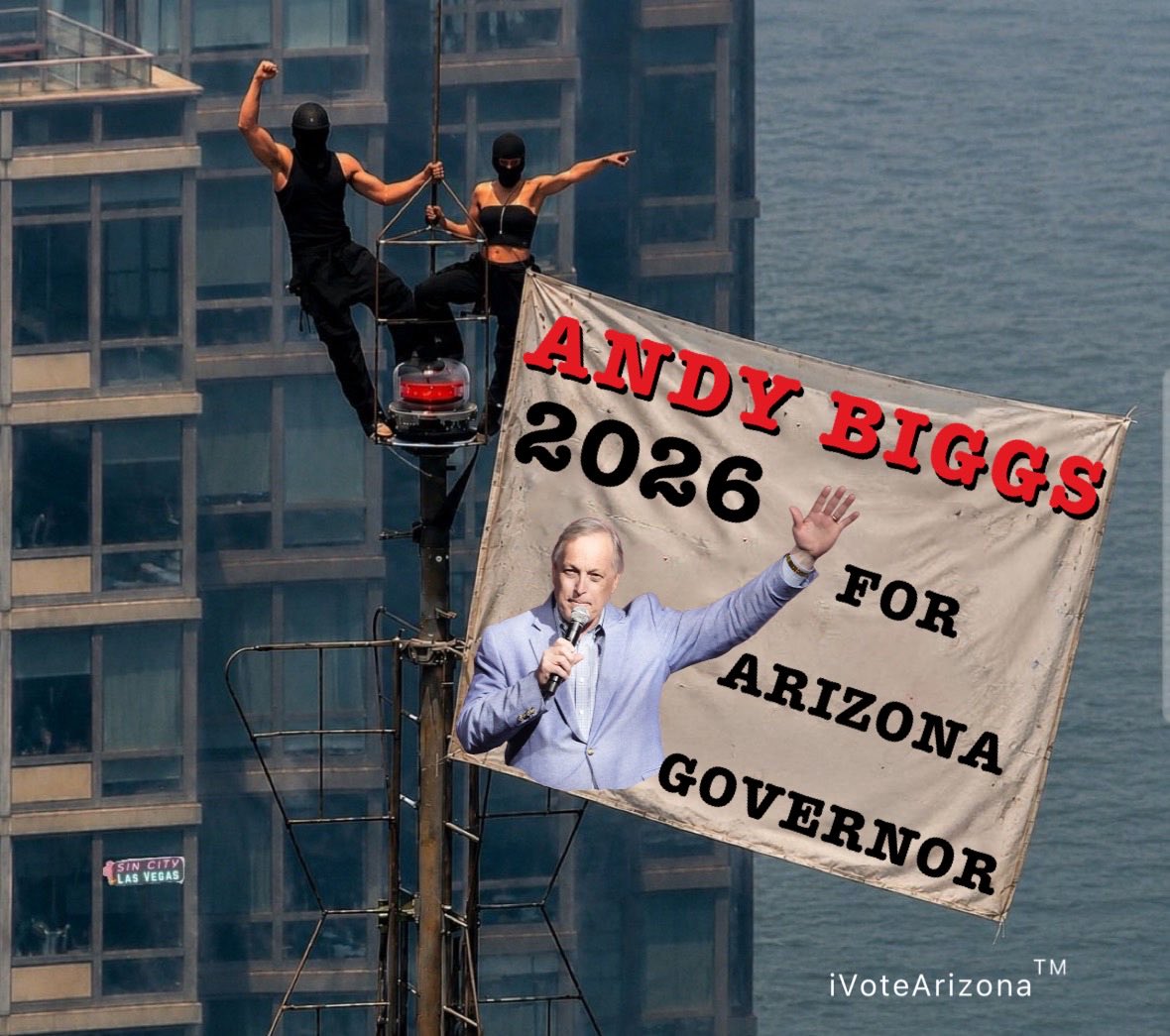 iVoteArizona's tweet photo. My wife and I are  getting the message out!

No, that’s not really me and my wife, but we will climb to just about any height (legally) to elect @andybiggs4az as Arizona’s next Governor.

In November, we will rid Arizona of @katiehobbs the state’s worst Governor in history. Vote! https://t.co/S1cpR9WYqy