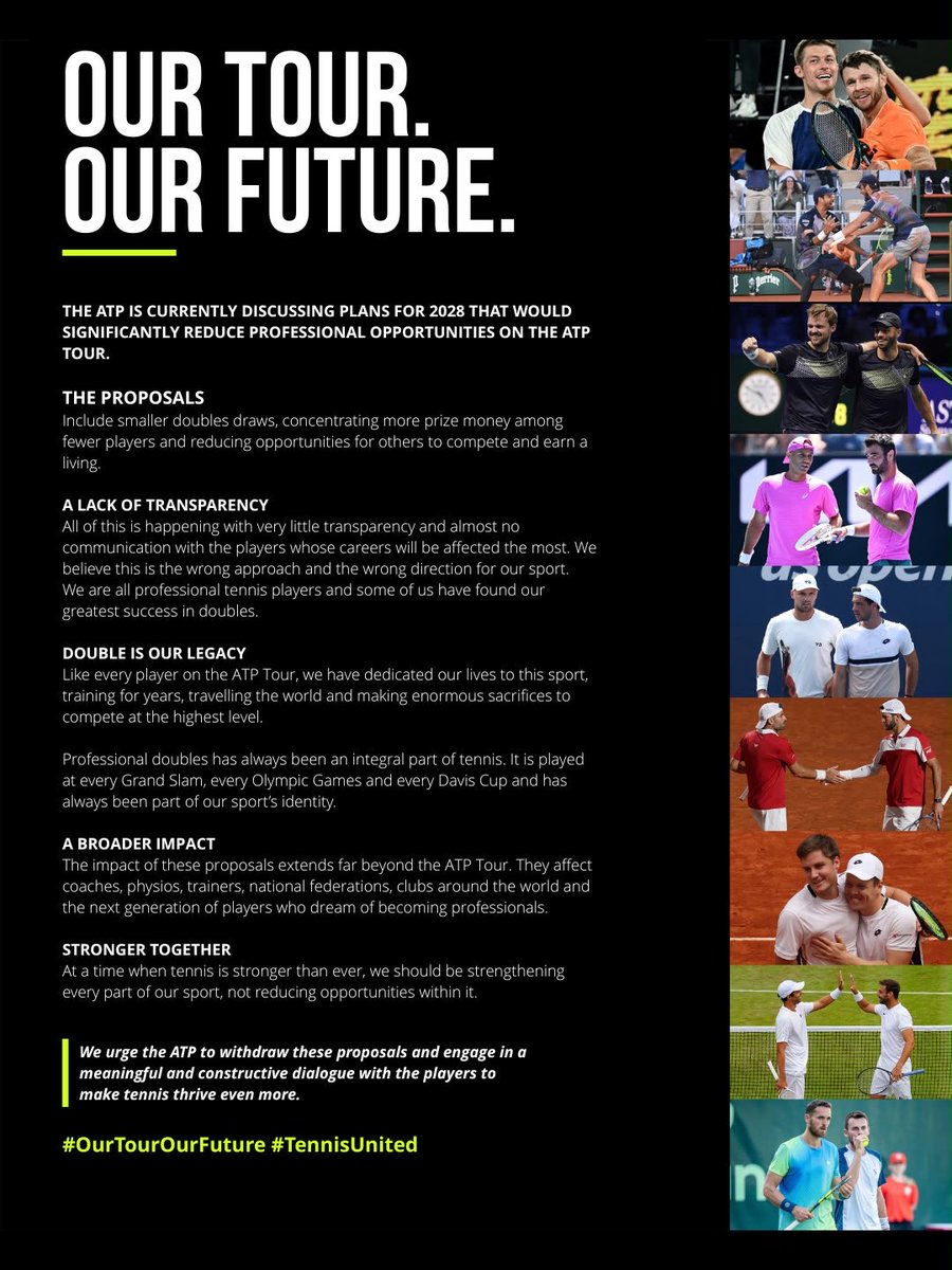 semverbeekNL's tweet photo. Our Tour. Our Future.

A stronger sport isn't built by creating fewer opportunities. Doubles has always been part of tennis's identity, and its future deserves the same commitment, respect, and vision.

We stand for a sport that continues to create opportunities for generations. https://t.co/HEd4yiBV3B